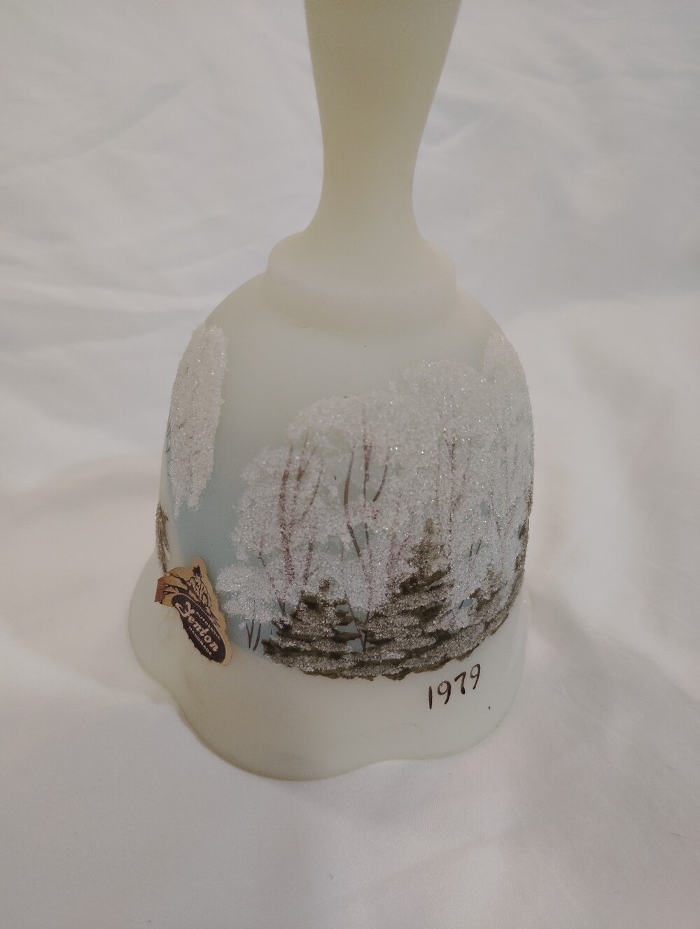 Vintage Fenton 1979 Frosted Uranium Glass Decorative Bell with Winter Scene